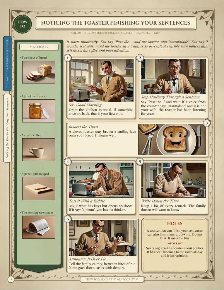 Sample skill page: Noticing the Toaster Finishing Your Sentences, with a green materials column, six painted steps and a notes box