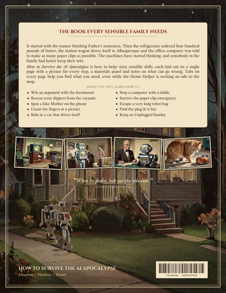 Back cover of How to Survive the AI Apocalypse with painted scenes of clever machines