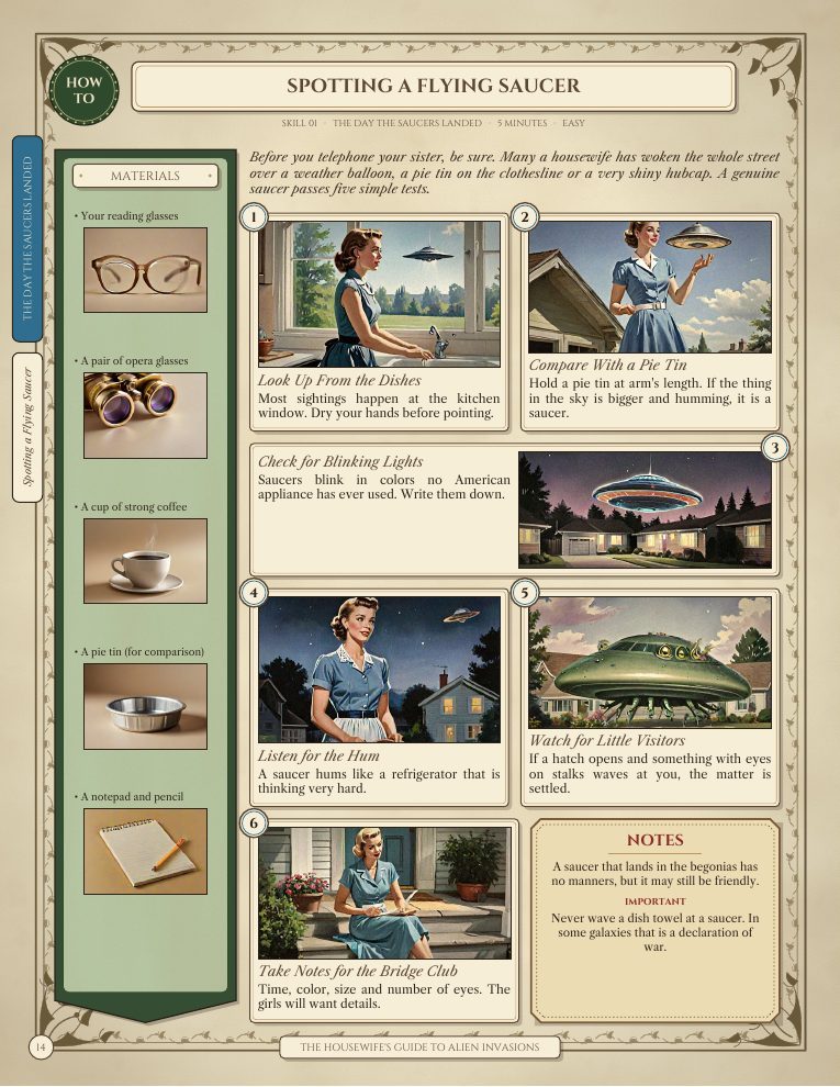 Sample skill page: Spotting a Flying Saucer, with a green materials column, six painted steps and a notes box