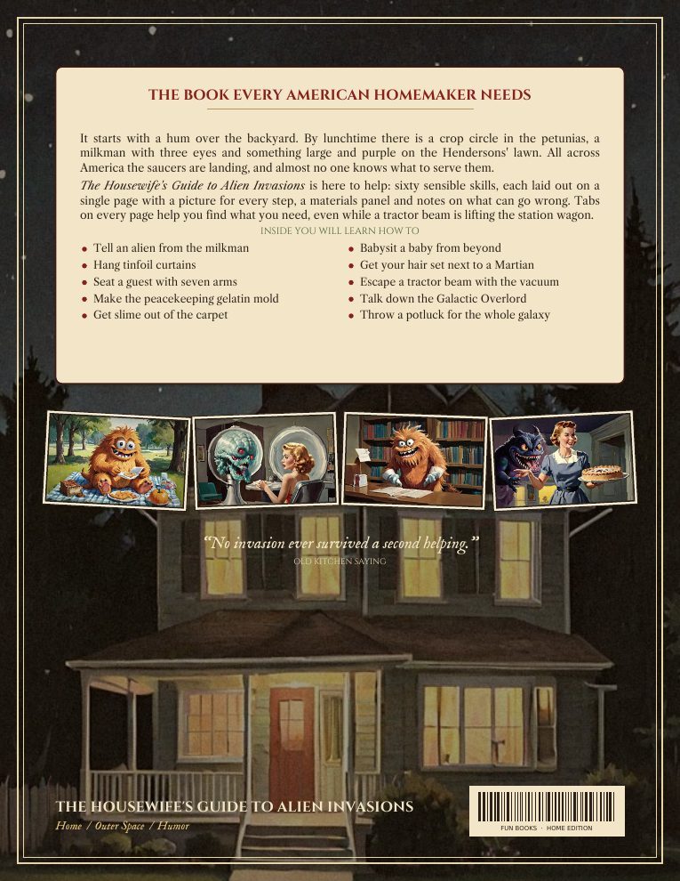 Back cover of The Housewife&rsquo;s Guide to Alien Invasions with a painted suburban scene
