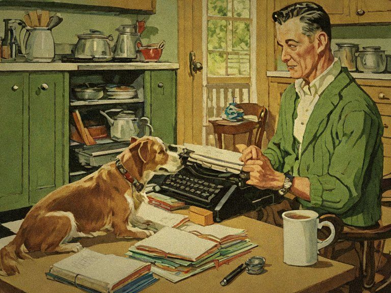 Painting of a cheerful man typing at a kitchen table piled with books, a dog asleep at his feet