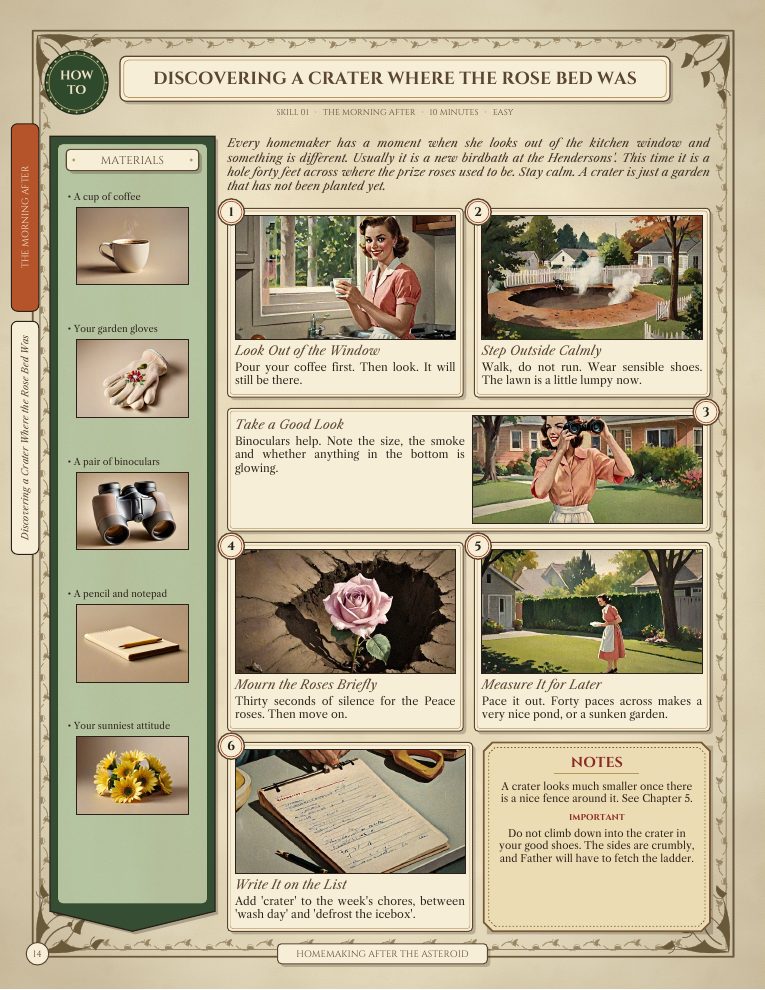 Sample skill page: Discovering a Crater Where the Rose Bed Was, with a green materials column, six painted steps and a notes box