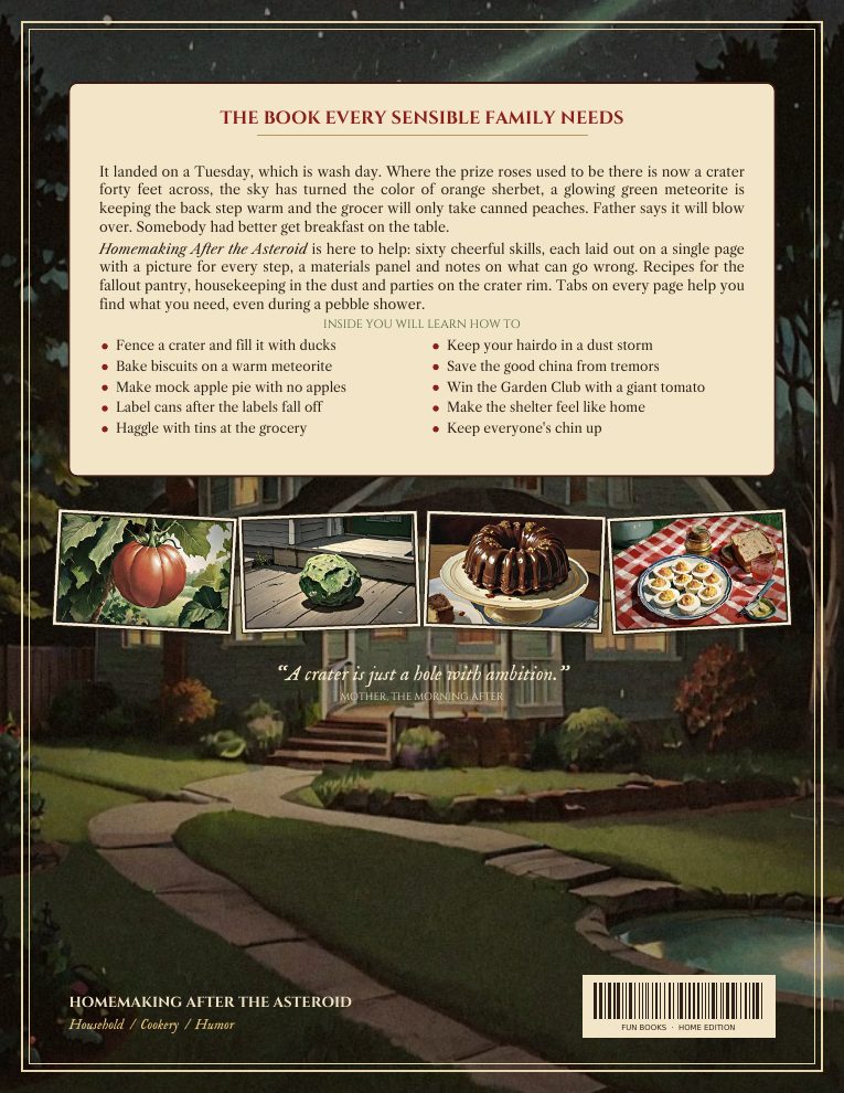 Back cover of Homemaking After the Asteroid with a painted house at dusk and scenes from the crater age