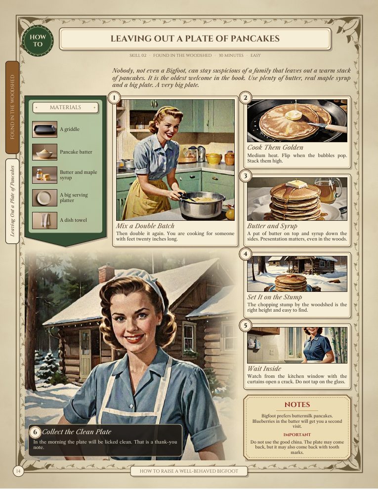 Sample skill page: Leaving Out a Plate of Pancakes, with a green materials column, six painted steps and a notes box