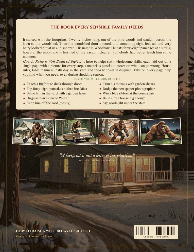 Back cover of How to Raise a Well-Behaved Bigfoot with a painted house in the woods at dusk and scenes of the Bigfoot shoveling snow, riding in the station wagon and raking leaves