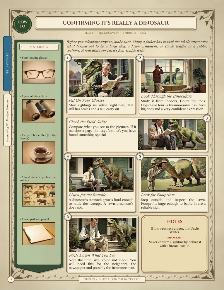 Sample skill page: Confirming It's Really a Dinosaur, with a green materials column, six painted steps and a notes box