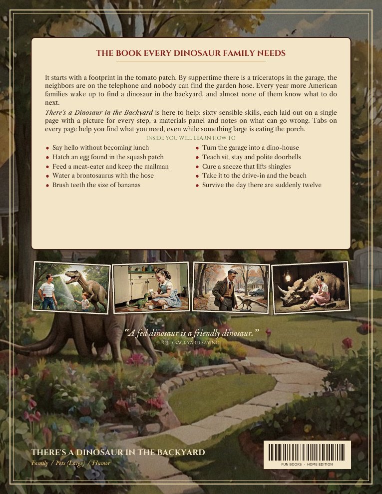 Back cover of There&rsquo;s a Dinosaur in the Backyard with a painted backyard scene