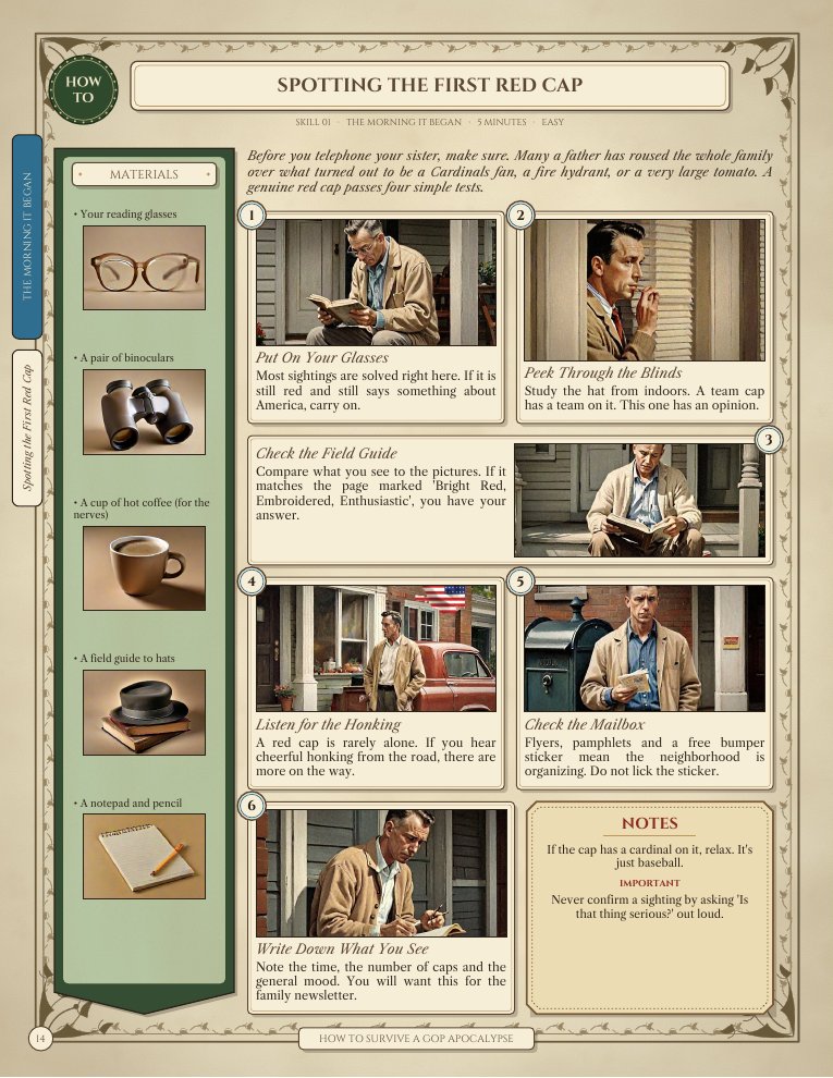 Sample skill page: Spotting the First Red Cap, with a green materials column, six painted steps and a notes box