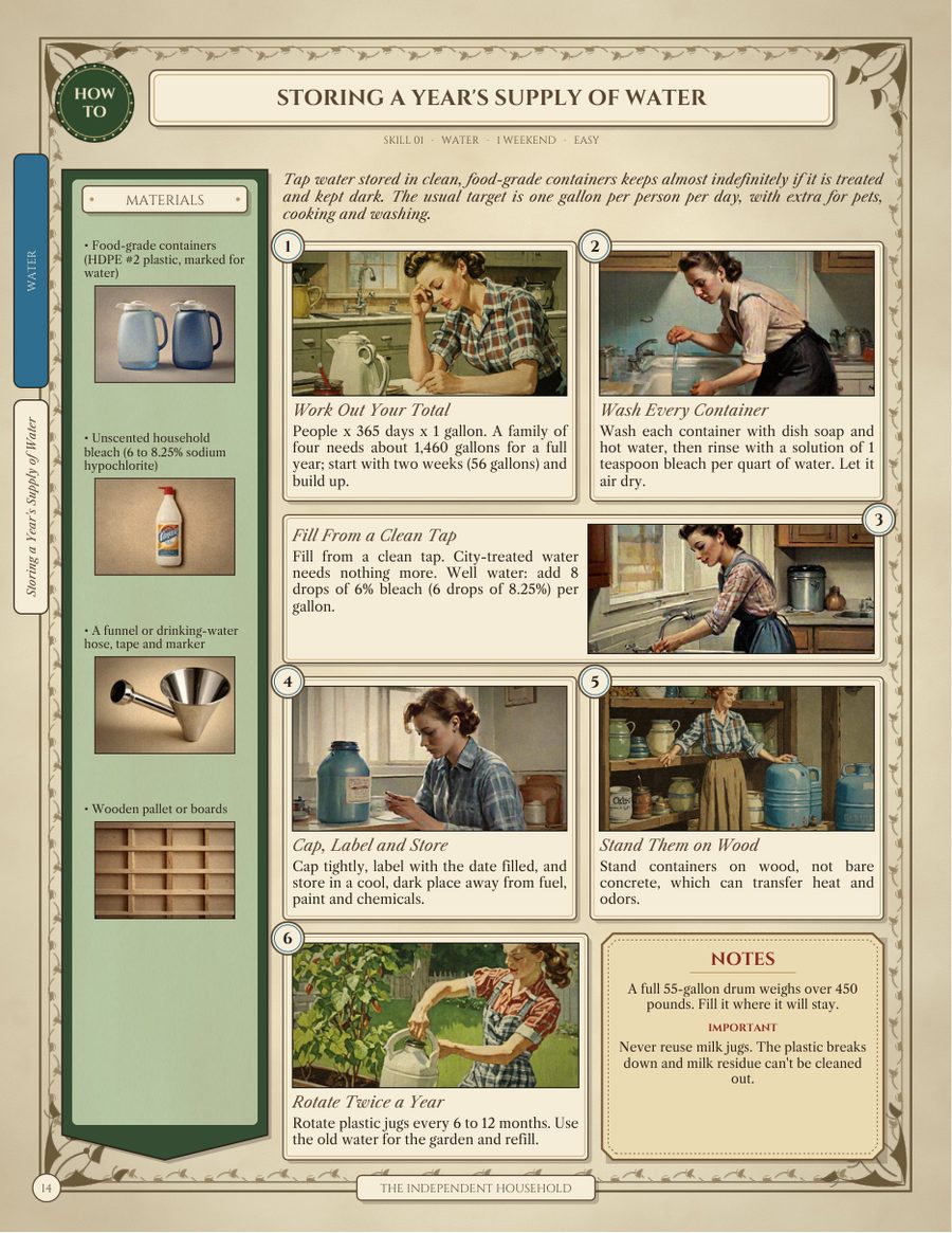 Sample skill page: Storing a Year's Supply of Water, with a green materials column, six painted steps and a notes box