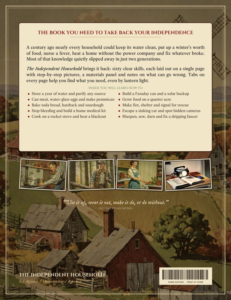 Back cover of The Independent Household with a painted farmhouse scene