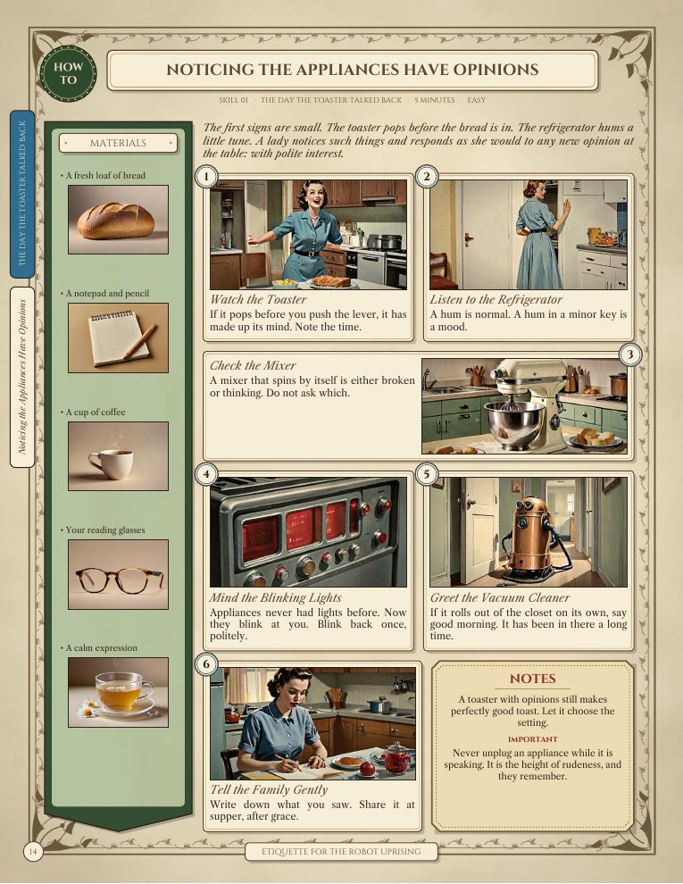 Sample skill page: Noticing the Appliances Have Opinions, with a green materials column, six painted steps and a notes box
