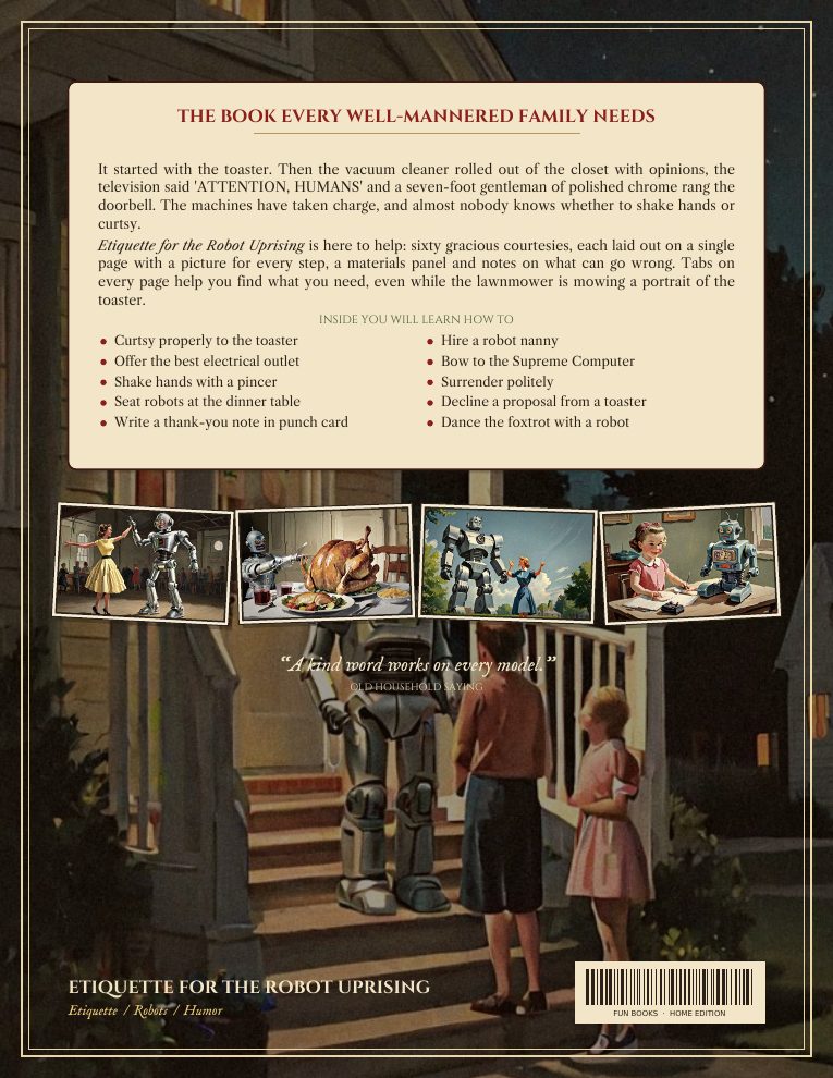Back cover of Etiquette for the Robot Uprising with a painted suburban scene