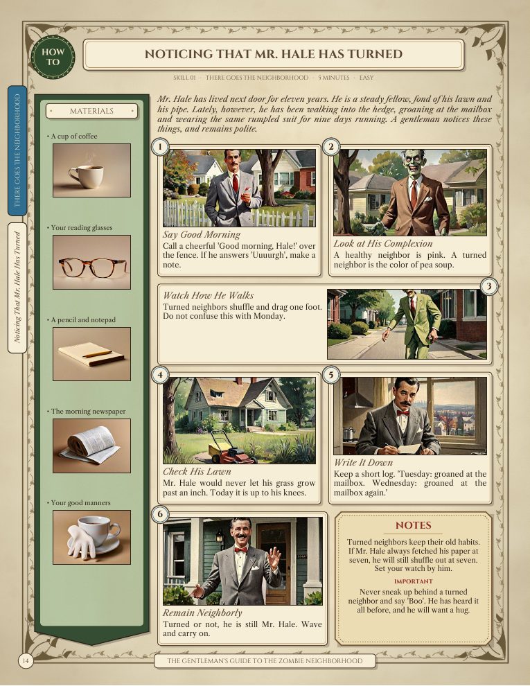 Sample skill page: Noticing That Mr. Hale Has Turned, with a green materials column, six painted steps and a notes box