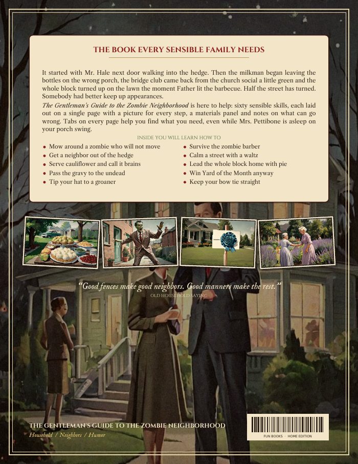 Back cover of The Gentleman's Guide to the Zombie Neighborhood with painted scenes from the turned block